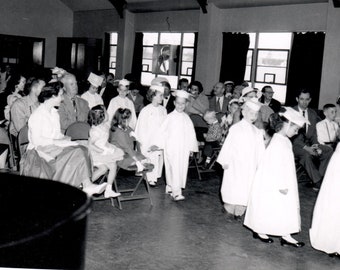 Kindergarten Graduation, Group of Young Children in Graduation Caps and Gowns, Vintage Photograph, Black and White Photo, Vernacular Image