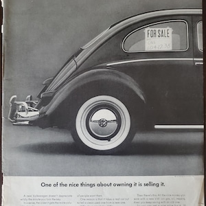 Volkswagen Bug, Original Magazine Car Advertisement, Vintage Ad, Paper Ephemera, Man Cave Décor, Ready to Frame, VW Black and White Ad