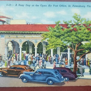Bureau de poste en plein air de Saint-Pétersbourg en Floride, carte postale illustrée en couleur vintage, vacances en Floride, Sunshine City, journée chargée