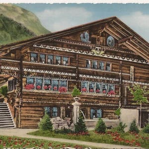 Bernerhaus, Chalet Barnois, carte postale vintage, Zurich, Voyage international, Souvenir de vacances, Illustration d’un magnifique chalet coloré