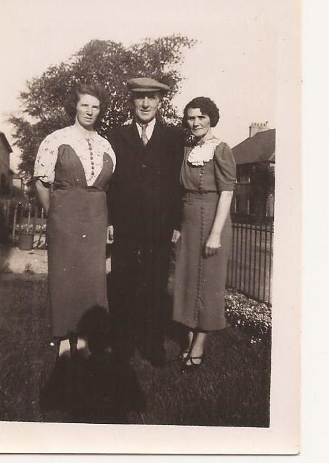 1930's Trio, Man With New Cap, Vintage Photograph, Black and White Snapshot, Man and Two Women in 1930s Fashion, Formal Dress, Shadow