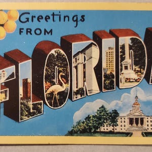 Saudações da Flórida, Estado do Sol, Cartão postal vintage colorido com locais e cenas da Flórida, Correspondência de viagem