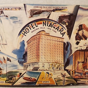 Hotel Niagara, Cataratas del Niágara, Nueva York, Postal vintage ilustrada en color, Cataratas americanas, Puente del Arcoíris, Lugares y escenas en el Niágara