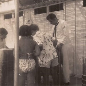 Sailor and Tourists, Vintage Photograph, Black and White Photo, Vernacular Image, Sailor in Uniform Hanging Out with People in Swimsuits