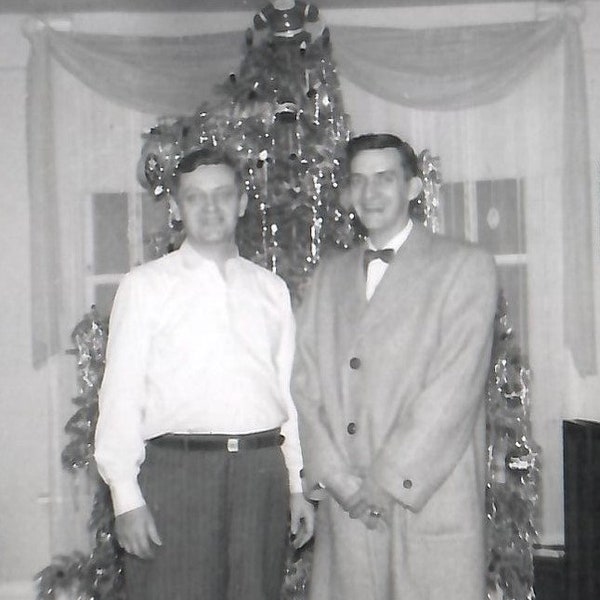 Tinsel Tree with Two Handsome Men, Vintage Photograph, Black and White Photo, Vernacular Holiday Image, Two Guys Celebrate the Holidays