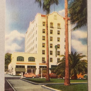 Hotel Marion, Ocala, Florida. Postal vintage de lino ilustrada a color. Reino del Sol. Destino turístico. Recuerdo de vacaciones.