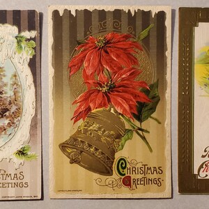 Postales de felicitación navideña, postales antiguas de la década de 1910, flores de Pascua, postales ilustradas en color, juego de 3, en relieve