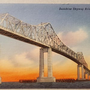 Puente Sunshine Skyway, Florida, postal vintage ilustrada en color, nunca utilizada, área de la bahía de Tampa, recuerdo de viaje