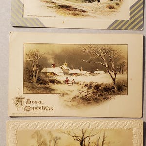 Três cartões postais de Natal antigos da década de 1910, conjunto de cartões postais antigos, cenas de Natal, cenas de inverno