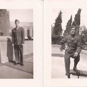 In the Army Now, Vintage Photograph, Black and White Photos, Vernacular Image, Set of Two Photos of Man in Uniform at a Monument or Building