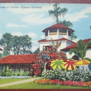 Cypress Gardens Clubhouse, destination touristique de Floride, carte postale illustrée en couleur vintage, années 50, message à M. Horton, parc botanique