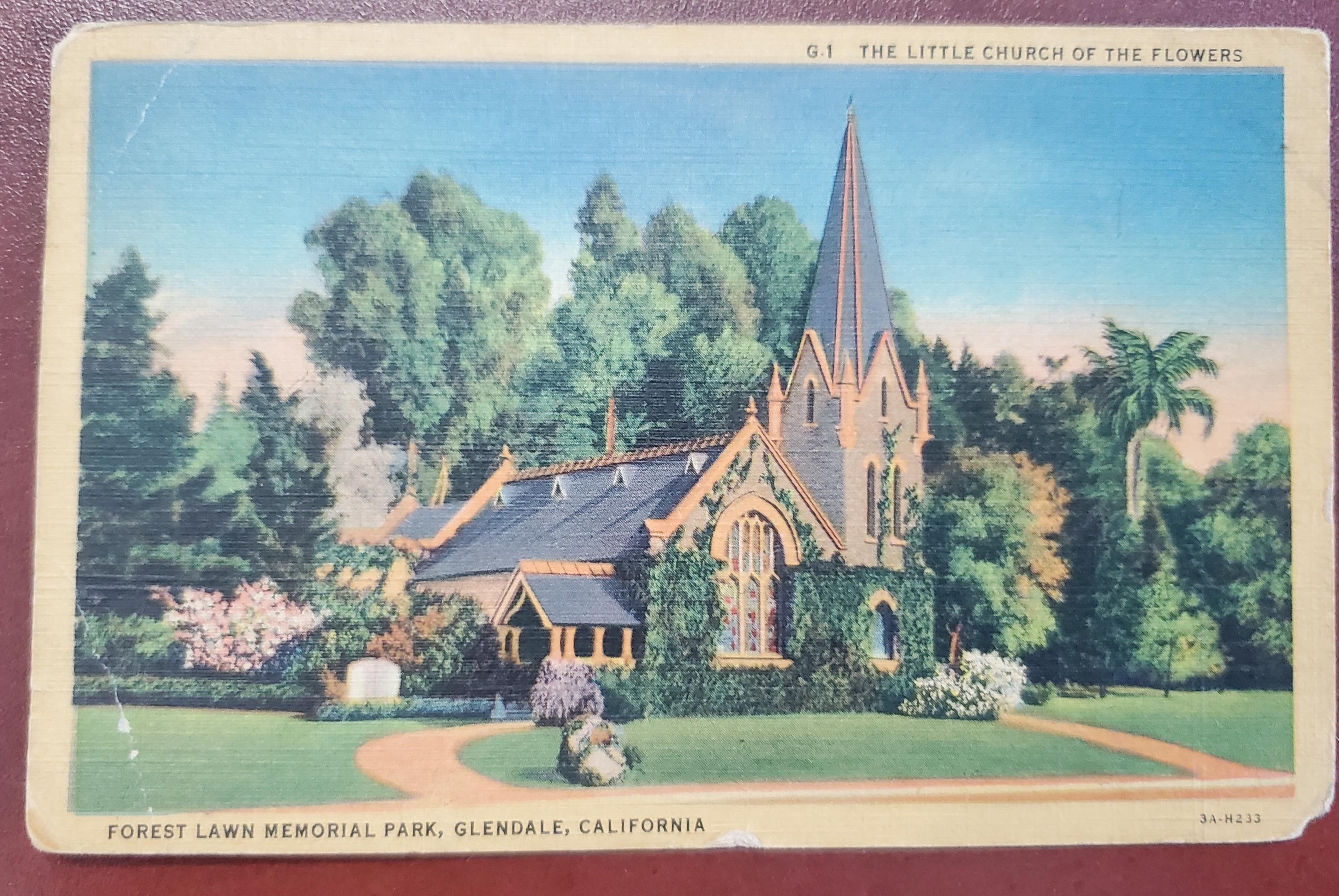 The Little Church of the Flowers, Forest Lawn Memorial Park Glendale, California, Vintage Color Illustrated Postcard, Travel Correspondence