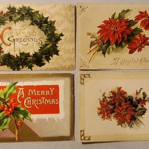 Quatro cartões postais de Natal vintage da década de 1910, conjunto de cartões postais vintage, guirlanda de flores de Natal e azevinho