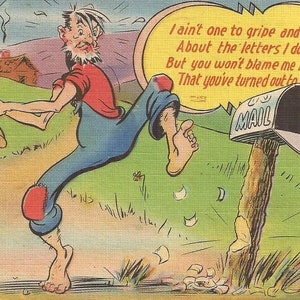 Comico vintage cartolina di Irby con Hillbilly personaggio tagliando giù la sua cassetta postale, cartolina d'epoca, carta di lino, Ephemera carta, sciocco