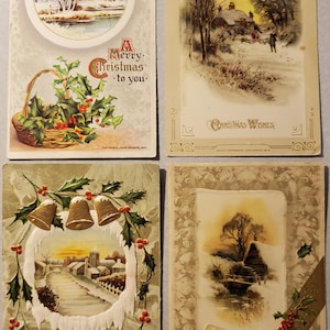 Deseos navideños, postales navideñas antiguas de la década de 1910, juego de 4, escenas invernales ilustradas, acebo para Navidad, festividades, en relieve