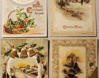 Souhaits de Noël, cartes postales de Noël vintage des années 1910, lot de 4, scènes d'hiver illustrées, houx pour Noël, vacances, en relief