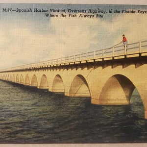 Viaducto de Spanish Harbor, Overseas Highway, Cayos de Florida, pesca, postal vintage ilustrada en color, nunca utilizada, recuerdo de viaje
