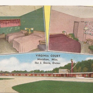 Virginia Hof, Meridian, Mississippi, vintage briefkaart, linnen briefkaart, Hotel Motel promotionele kaart, vakantie reizen