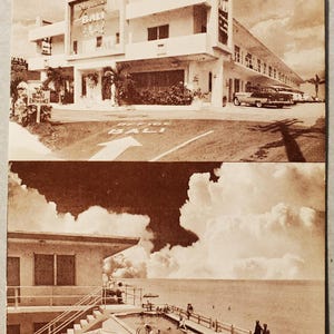 Bali Resort Hotel, Miami Beach, Floride Resort Hotel, carte postale photo vintage dans les tons bruns, jamais utilisée, voyage de vacances tropicales