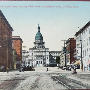 Lansing Michigan, Michigan e Washington Avenues, Cartão postal ilustrado colorido vintage, Lembrança de viagem, Correspondência de férias