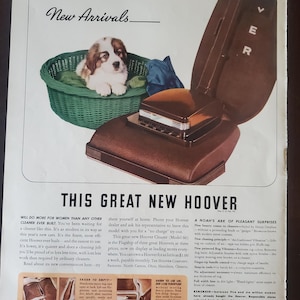 Hoover Vacuum with Adorable Little Puppy Vintage Magazine Advertisement, Home Décor, New Arrivals Tag Line, Famous Vacuum Company