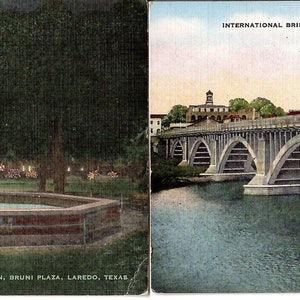 Conjunto de postales de Laredo Texas, postales ilustradas de dos colores de Laredo, postales vintage, puente internacional, fuente Bruni Plaza
