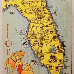 Come to Florida, vintage geïllustreerde ansichtkaart in kleur, correspondentie over reisvakanties, locaties en scènes in Florida, vakantiesouvenir