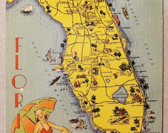 Come to Florida, Vintage Color Illustrated Postcard, Travel Vacation Correspondence, Sites and Scenes in Florida, Vacation Souvenir