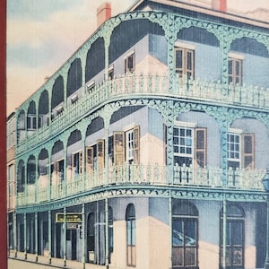 Architecture de la Nouvelle-Orléans, dentelle sur les rails du balcon en fer, carte postale illustrée en couleur vintage, datée 1941, message à M. Horton