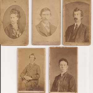 Small Cabinet Card Photos, Set of Five Photographs, Vintage Photographs, Sepia Colored Portraits, Men and Women, Haunting, Odd Photos