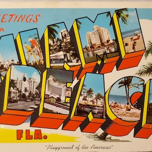 Saludos desde Miami Beach, Florida. Postal antigua con fotografías en color. Lugares y escenas coloridas en Miami Beach. Fechada en 1960