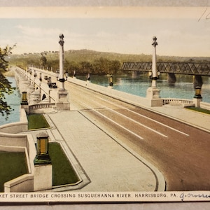 Puente New Market que cruza el río Susquehanna, Harrisburg, Pensilvania, postal vintage ilustrada en color, mensaje con fecha de 1932, sin matasellos