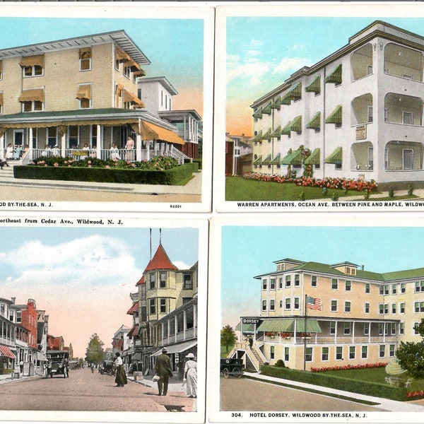 Wildwood, New Jersey Architecture, Hotels, Vintage Postcard Set of 4, Hotel Douglas, Pacific Avenue, Warren Apartments, Hotel Dorsey