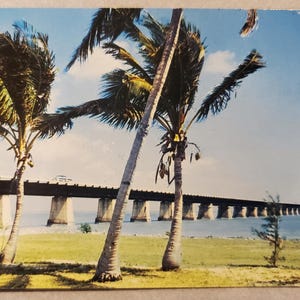 Overseas Highway Bridge, Key West en Floride, carte postale photo couleur vintage, paradis tropical, palmiers, voyage vacances correspondance