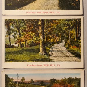 Saudações de Rose Hill Virginia, conjunto de 3 cartões postais ilustrados em cores vintage com estradas sinuosas perto de Rose Hill, nunca usados