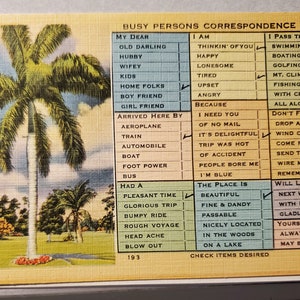 Vielbeschäftigte Person's Korrespondenz Karte mit Palme, Vintage Farbe illustrierte Postkarte, Kreuzen Sie die Aktivitätskästchen an, Lustig, Komisch