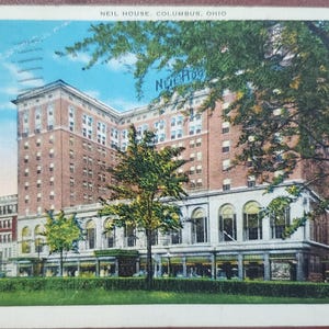 Neil House, Columbus, Ohio, postal vintage ilustrada en color, restaurante de hotel, edificio señorial, matasellos de 1937