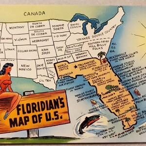 Mapa de los Estados Unidos de Florida, postal vintage ilustrada en color, recuerdo de viaje, postal divertida y cómica, correspondencia de viajes y vacaciones