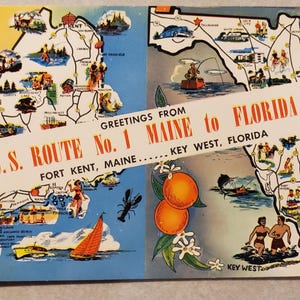 US Route No. 1 Fort Kent Maine nach Key West Florida, Vintage farbig illustrierte Postkarte, Reise Urlaubskorrespondenz