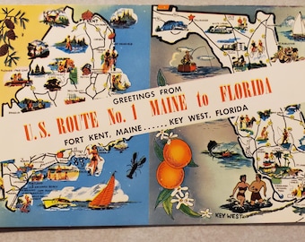 U.S. Route No. 1 Fort Kent Maine to Key West Florida, Vintage Color Illustrated Postcard, Travel Vacation Correspondence