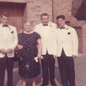 Theresa&#39;s Wedding Outside Immaculate, Vincent Before the Accident, Vintage Photograph, Color Photo, Vernacular, Men in White Tuxedos