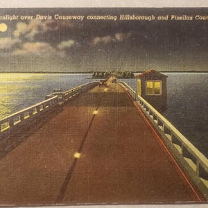 Luz de luna sobre Davis Causeway, condados de Hillsborough y Pinellas, Florida, postal vintage ilustrada en color, garabatos en el reverso