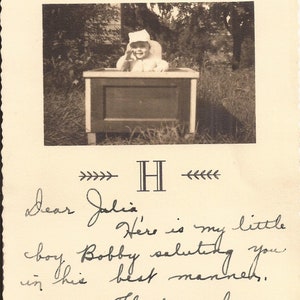 Little Bobby Saluting Julia, Vintage Photograph Postcard, World War II Correspondence, Funny Little Baby Photo