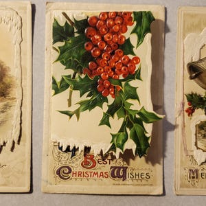 Postales navideñas, con mensaje grabado en el frente, tarjetas navideñas vintage, campanas, escenas invernales, acebo con bayas, juego de 3