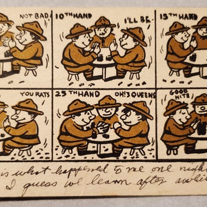 Soldados jugando al póquer, humor militar, postal de dibujos animados ilustrados vintage, correspondencia del joven soldado