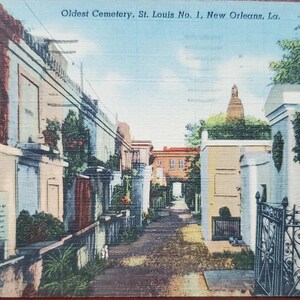 Le plus ancien cimetière de la Nouvelle-Orléans, Saint-Louis n° 1, illustration couleur vintage, cachet de la poste 1950 avec message à M. Horton