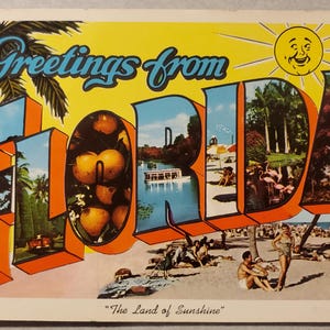 Salutations de Floride, pays du soleil, carte postale couleur vintage avec sites et scènes de Floride, correspondance de voyage