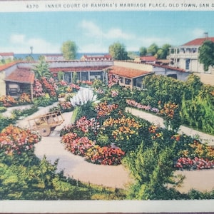 Ramona's Marriage Place, Altstadt von San Diego Kalifornien, Vintage-Farbe illustrierte Postkarte, Reise-Souvenir, Blumengärten, Korrespondenz