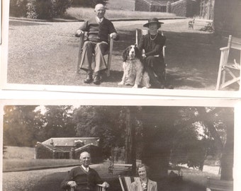 Stately Gentleman with Two Lovely Ladies in the Yard of His Country Cottage, Vintage Photographs, Set of Two, Outdoor Scene