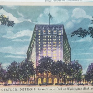 Hotel Statler Detroit, Grand Circus Park na Washington Blvd. e Begley Avenue, Cartão postal ilustrado colorido vintage, Detroit Michigan
